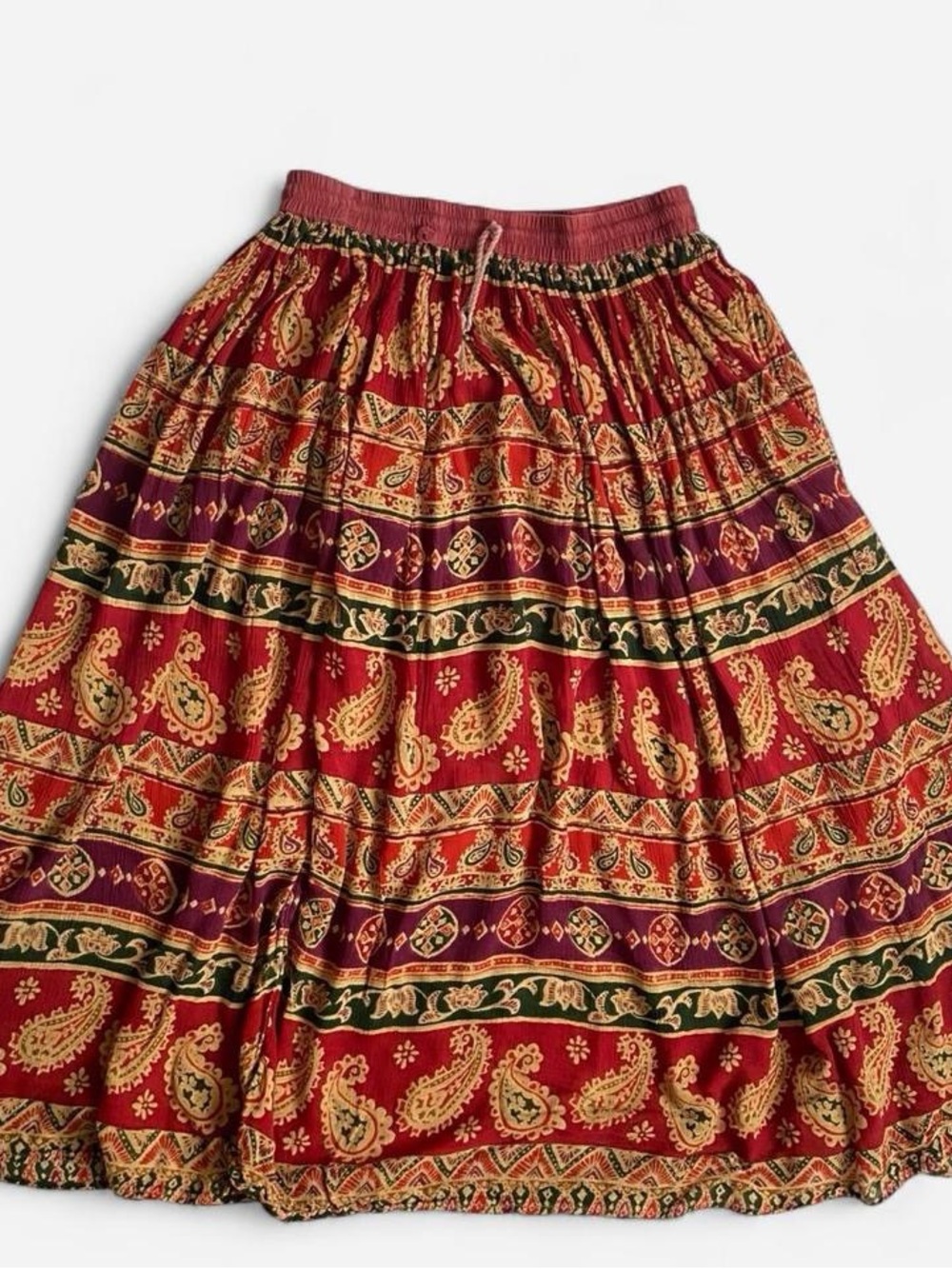 Vintage red gauze boho paisley patterned maxi skirt